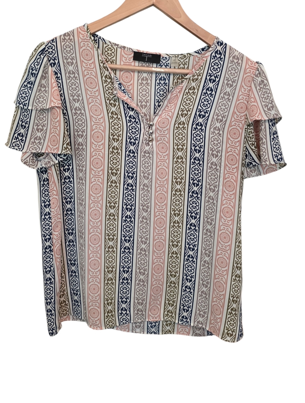 T Tahari Striped Boho Pattern Printed Split-Neck Flutter-Sleeve Top EUC Size S